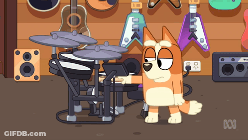 A Cartoon Of A Dog Playing A Drum Set With Guitars Behind Him GIF