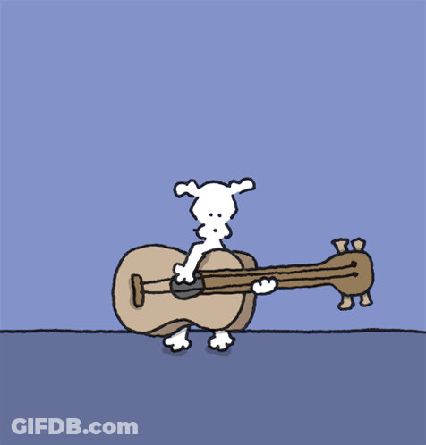 A Cartoon Of A Dog Playing A Guitar On A Blue Background GIF