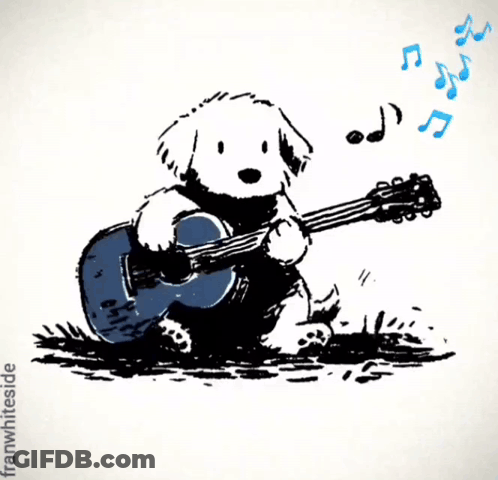 A Cartoon Of A Dog Playing A Guitar With The Words Gimme Gimme Shelter GIF