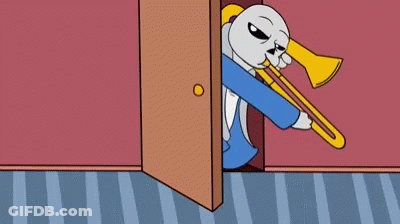 A Cartoon Of A Dog Playing A Trombone In A Doorway . GIF