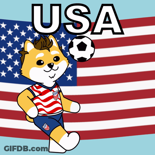 A Cartoon Of A Dog Playing Soccer In Front Of An American Flag That Says Usa GIF