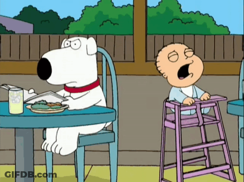 A Cartoon Of A Dog Reading A Book Next To A Baby In A Pink High Chair GIF