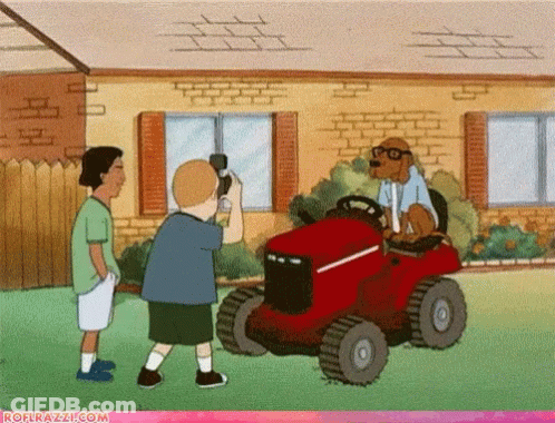 A Cartoon Of A Dog Riding A Lawn Mower With The Website Rofrazzi.com At The Bottom GIF