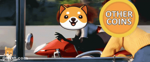 A Cartoon Of A Dog Riding A Motorcycle Next To A Yellow Coin That Says Other Coins GIF