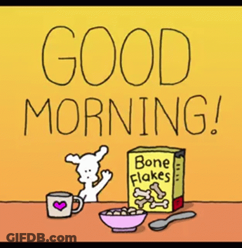 A Cartoon Of A Dog Sitting At A Table With A Box Of Bone Flakes GIF