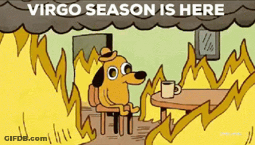 A Cartoon Of A Dog Sitting At A Table With The Words Virgo Season Is Here Written Above Him GIF