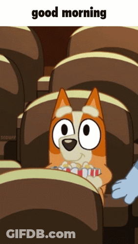 A Cartoon Of A Dog Sitting In A Theater Eating Popcorn GIF
