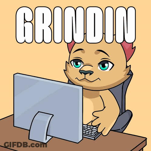 A Cartoon Of A Dog Sitting In Front Of A Computer With The Word Grindin Written Above Him GIF