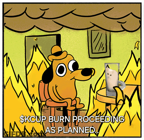 A Cartoon Of A Dog Sitting In Front Of A Fire With The Words $ Kcup Burn Proceeding As Planned Below It GIF