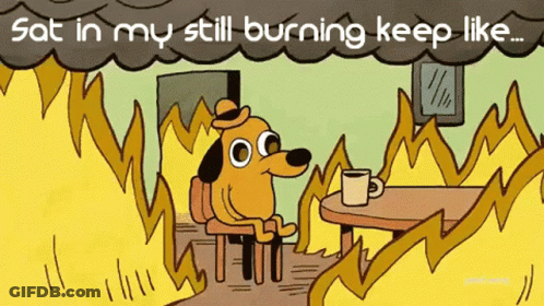 A Cartoon Of A Dog Sitting In Front Of A Fire With The Words " Sat In My Still Burning Keep Like " Above Him GIF