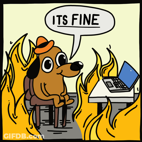 A Cartoon Of A Dog Sitting In Front Of A Laptop With A Speech Bubble Saying It 'S Fine GIF