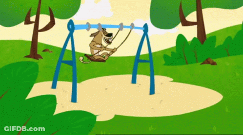 A Cartoon Of A Dog Sitting On A Swing With The Letter A In The Background GIF