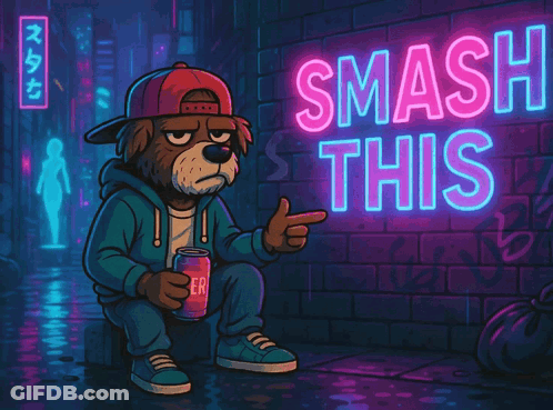 A Cartoon Of A Dog Sitting Under A Neon Sign That Says Smash This GIF