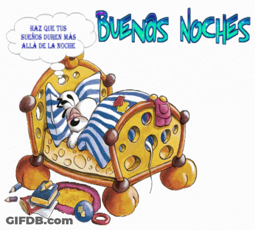 A Cartoon Of A Dog Sleeping In A Bed With The Words Buenos Noche On The Bottom GIF