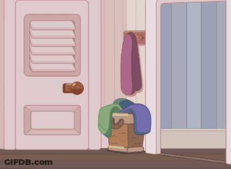 A Cartoon Of A Dog Standing In Front Of A Door With A Basket Of Clothes On The Floor GIF