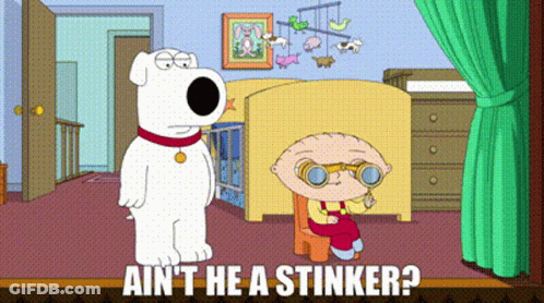 A Cartoon Of A Dog Standing Next To A Baby With The Words " Ain 'T He A Stinker " Below It GIF