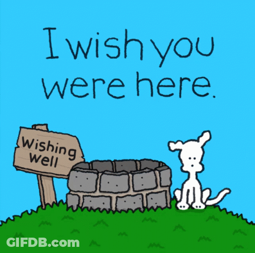 A Cartoon Of A Dog Standing Next To A Wishing Well Sign GIF