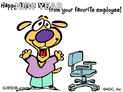 A Cartoon Of A Dog Standing Next To An Office Chair That Says Happy New Year From Your Favorite Employee GIF