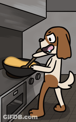 A Cartoon Of A Dog Stirring Something In A Frying Pan GIF