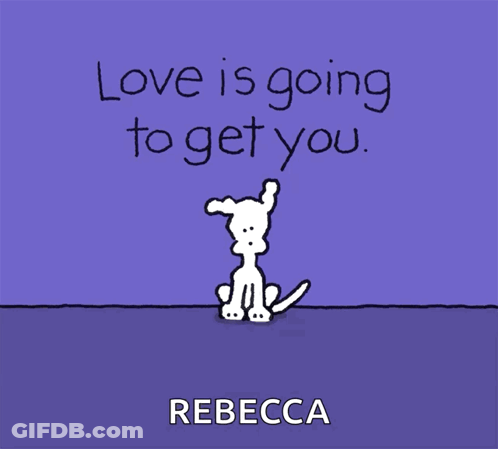 A Cartoon Of A Dog Surrounded By Pink Hearts With The Name Rebecca On The Bottom GIF