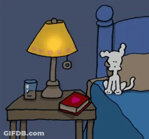A Cartoon Of A Dog Trying To Turn On A Lamp GIF