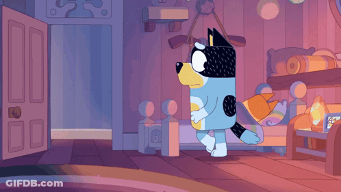 A Cartoon Of A Dog Walking Into A Bedroom With A Bed GIF