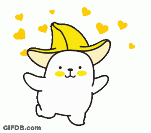 A Cartoon Of A Dog Wearing A Banana Hat With Hearts Around It GIF