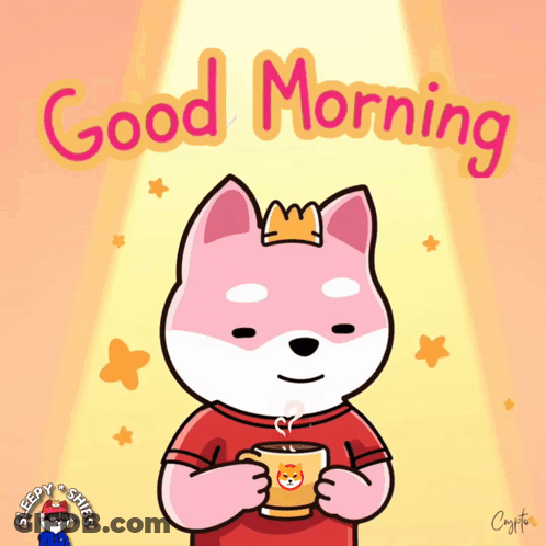 A Cartoon Of A Dog Wearing A Crown Holding A Cup Of Coffee With The Words " Good Morning " Above It GIF
