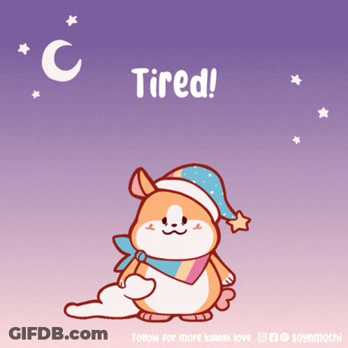 A Cartoon Of A Dog Wearing A Sleep Cap With The Words Tired Written Below It GIF