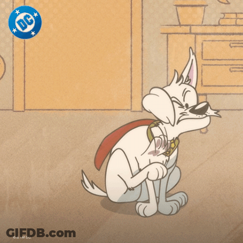 A Cartoon Of A Dog Wearing A Superman Costume With A Dc Logo In The Background GIF