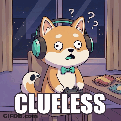 A Cartoon Of A Dog Wearing Headphones And A Bow Tie With Clueless Written Below It GIF
