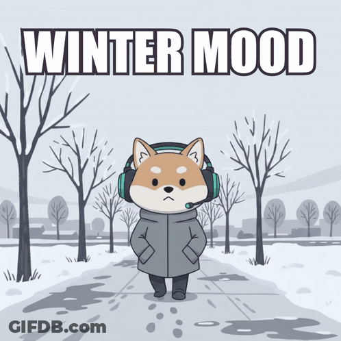 A Cartoon Of A Dog Wearing Headphones And A Jacket With The Words Winter Mood Above Him GIF