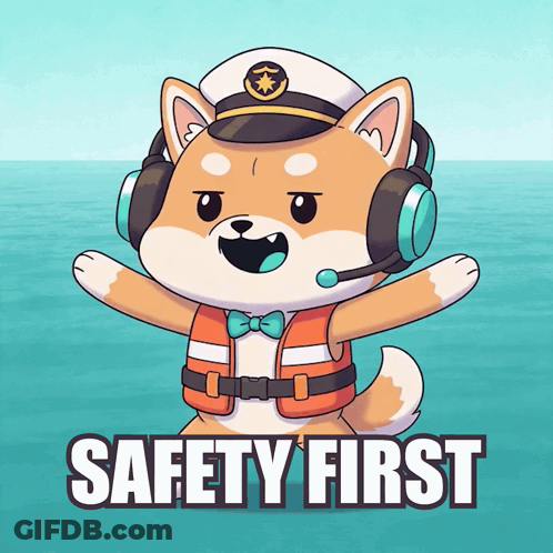 A Cartoon Of A Dog Wearing Headphones And A Life Vest Says " Safety First " GIF