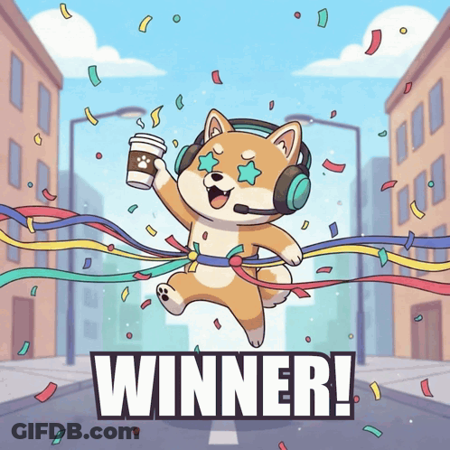 A Cartoon Of A Dog Wearing Headphones And Holding A Cup Of Coffee With The Word Winner In The Corner GIF