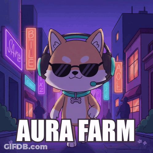 A Cartoon Of A Dog Wearing Headphones And Sunglasses With The Words Aura Farm Below It GIF