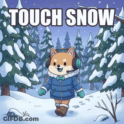 A Cartoon Of A Dog Wearing Headphones Walking Through The Snow With The Words Touch Snow Above Him GIF