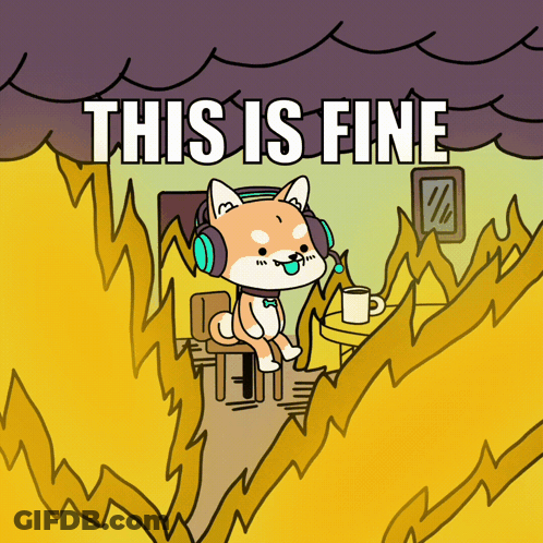 A Cartoon Of A Dog Wearing Headphones With The Words " This Is Fine " Above It GIF