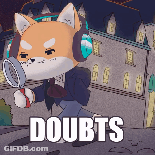 A Cartoon Of A Dog With Headphones And A Magnifying Glass With Doubts Written On The Bottom GIF