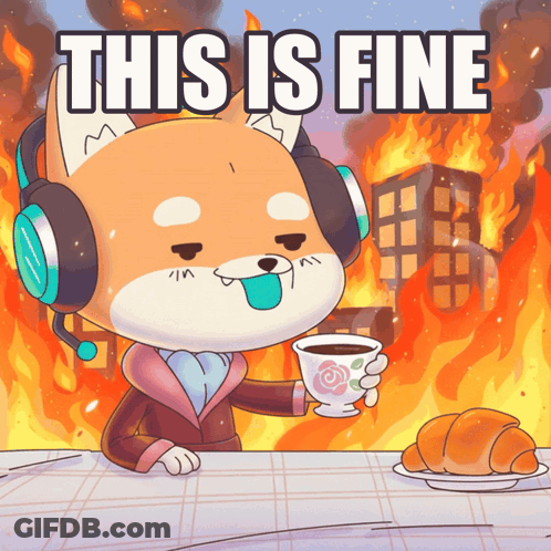 A Cartoon Of A Dog With Headphones Holding A Cup Of Coffee With The Words This Is Fine Below Him GIF