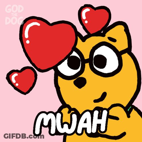 A Cartoon Of A Dog With Hearts On His Eyes And The Words " Mwah " Below Him GIF