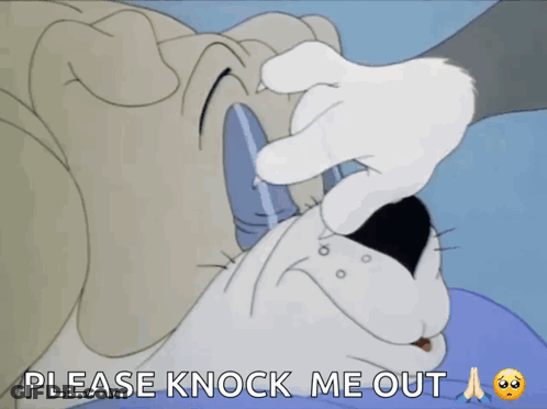 A Cartoon Of A Dog With The Words Please Knock Me Out GIF
