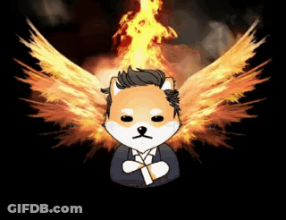 A Cartoon Of A Dog With Wings And A Fire Background GIF