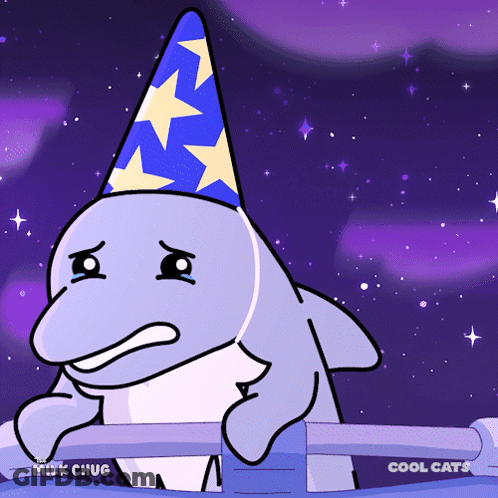 A Cartoon Of A Dolphin Wearing A Party Hat With The Words Cool Cats On The Bottom GIF