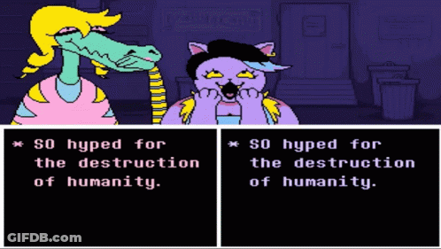 A Cartoon Of A Dragon And A Cat Talking About The Destruction Of Humanity GIF