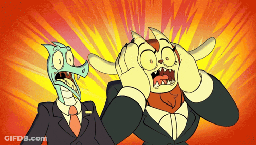 A Cartoon Of A Dragon And A Man With Horns Covering Their Faces With Their Hands GIF