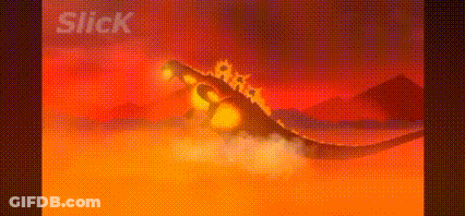 A Cartoon Of A Dragon Flying Through The Air On A Red Background With The Word Slick In The Corner . GIF