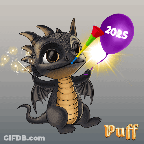A Cartoon Of A Dragon Holding A Balloon That Says 2025 GIF