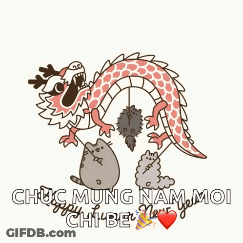 A Cartoon Of A Dragon Holding A Cat And A Sheep With The Words " Chúc Mung Nam Moi " In The Bottom Right GIF