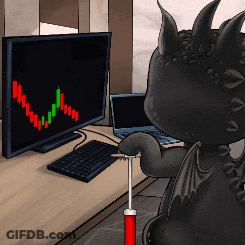 A Cartoon Of A Dragon Looking At A Stock Chart On A Computer Screen GIF