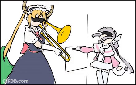 A Cartoon Of A Dragon Maid Playing A Trombone Next To A Cat . GIF